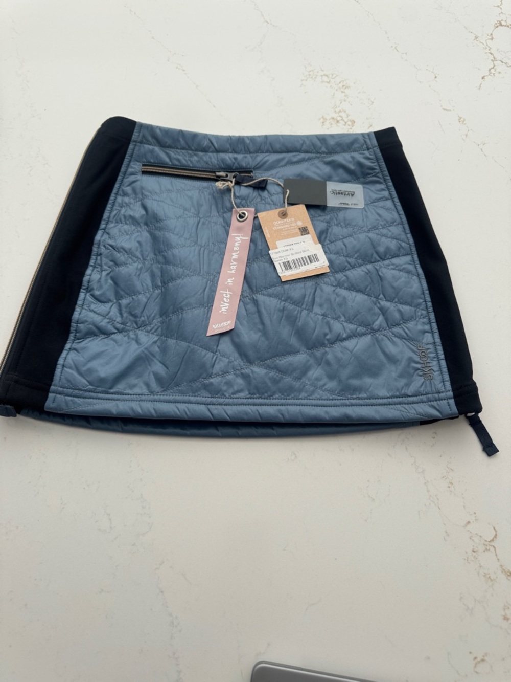 Skhoop Quilted Slate Blue Mini Skirt with Black Side Panels